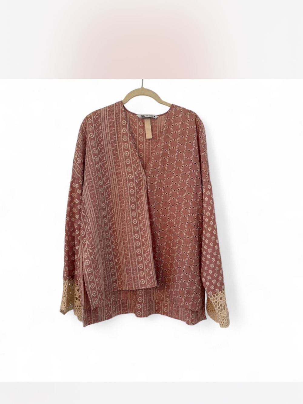 Zara Printed Long Sleeve Boho Top with Crochet Cuffs - Rust